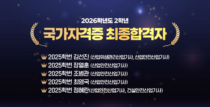 2026학년도 2학년 국가자격증 최종합격자 - 2025학번 김선진(산업위생관리산업기사, 산업안전산업기사) - 2025학번 장열훈(산업안전기사) -2025학번 조병관(산업안전산업기사) - 2025학번 최영국(산업안전산업기사) -2025학번 정혜란(산업안전산업기사, 건설안전산업기사)